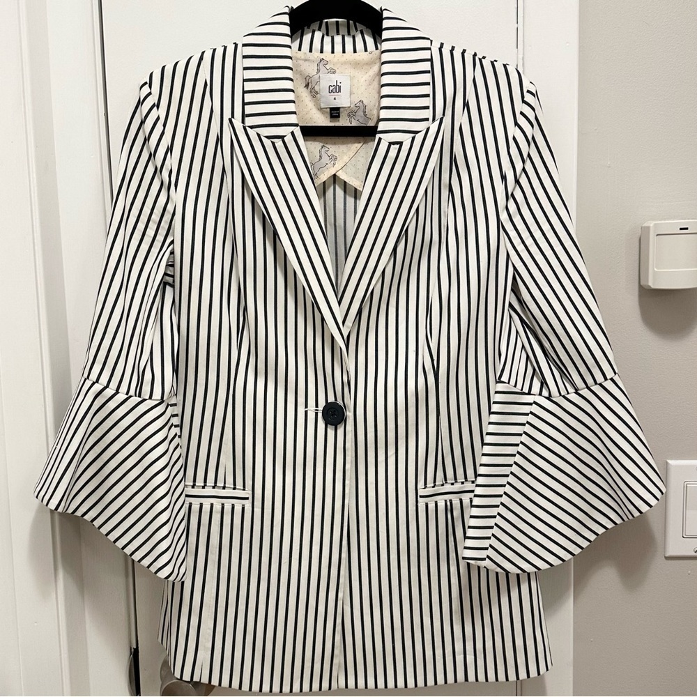 CAbi Womens Jacket White & Navy Blue Ticking Stripe Bell Sleeve Blazer 4